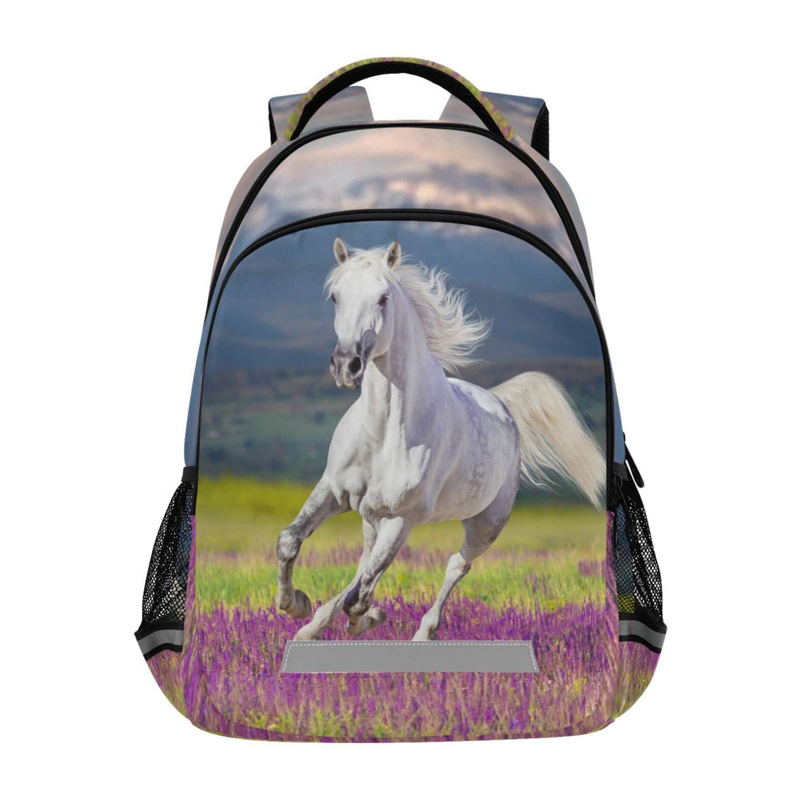 Horse Kids Backpack Bookbag Lavender Flower Elementary School Bag for Boys Girls Travel Rucksack