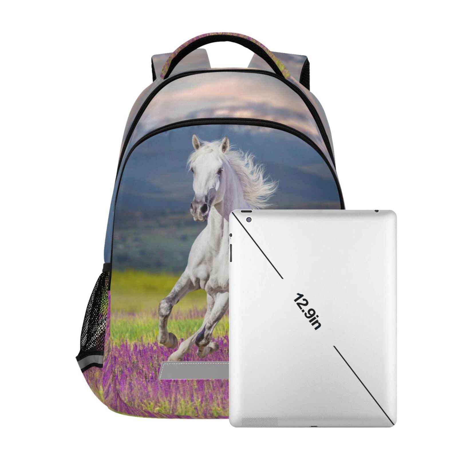 Horse Kids Backpack Bookbag Lavender Flower Elementary School Bag for Boys Girls Travel Rucksack