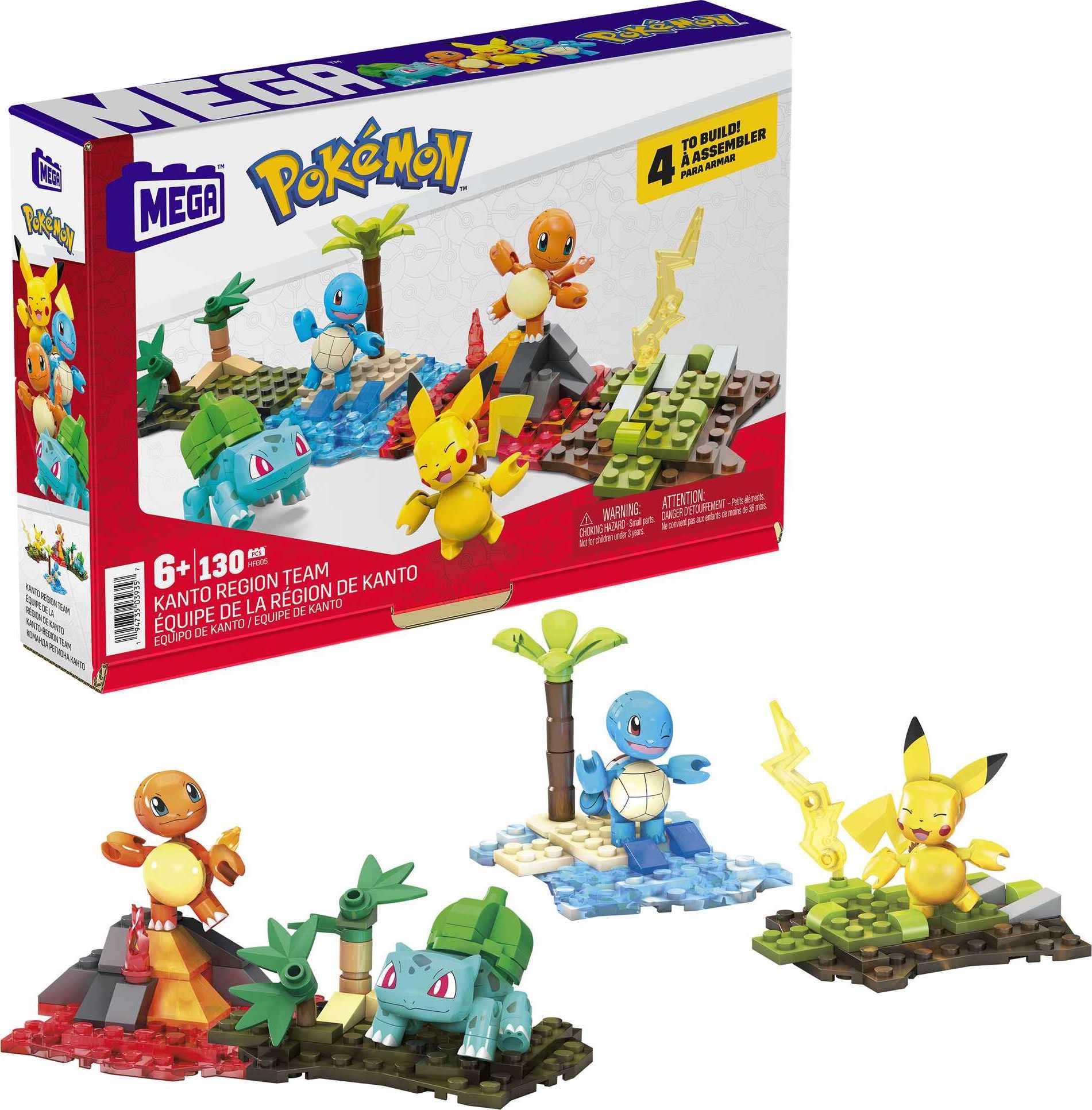 MEGA Pokémon Building Toys Set Kanto Region Team with 130 Pieces, 4 Poseable and Articulated Characters, 2 Inches Tall, for Kids