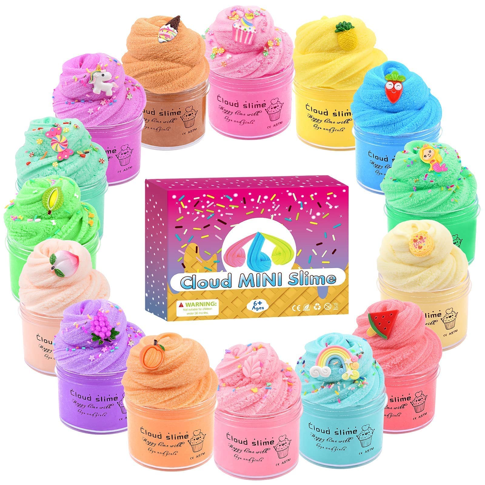 Scented Cloud Slime Kit 15 Pack, with Cute Slime Charms, Slime Party Favor Putty Toy for Girls and Boys, Super Soft and Non-Sticky