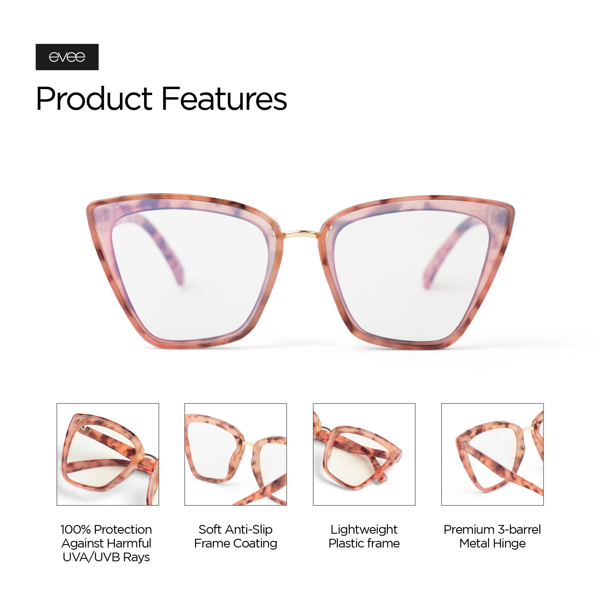 EVEE Fashion Cateye Computer Glasses For Women with Blue Light Blocking - (Vienna) (Pink Tortoise)