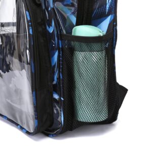 BLUEFAIRY Clear Backpack for School Stadium Approved Large PVC See Through Bag Heavy Duty Bookbag Transparent Plastic Bag for Students Work Events 17" Geometric Blue