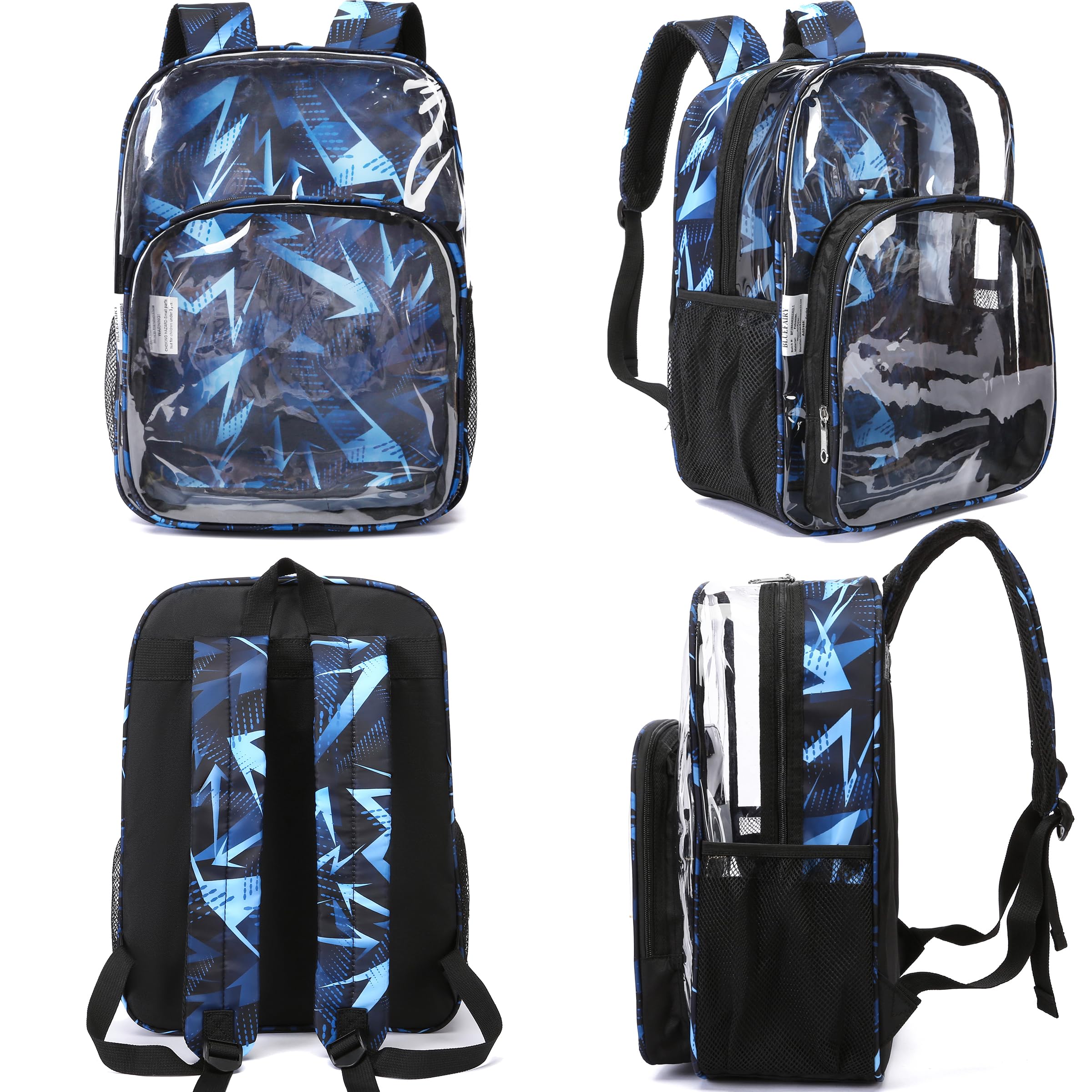 BLUEFAIRY Clear Backpack for School Stadium Approved Large PVC See Through Bag Heavy Duty Bookbag Transparent Plastic Bag for Students Work Events 17" Geometric Blue