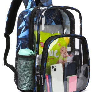 BLUEFAIRY Clear Backpack for School Stadium Approved Large PVC See Through Bag Heavy Duty Bookbag Transparent Plastic Bag for Students Work Events 17" Geometric Blue