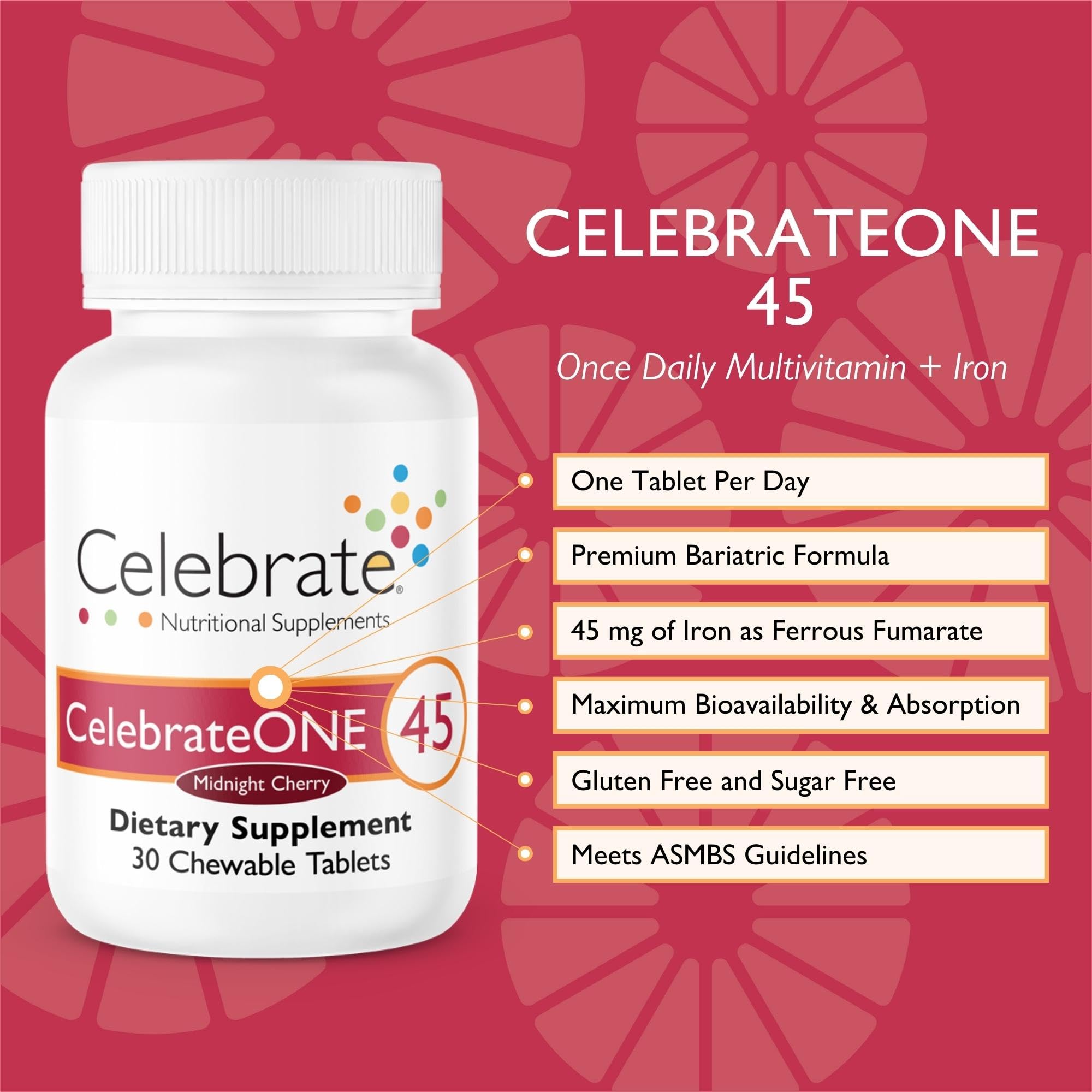 Celebrate Vitamins CelebrateONE 45 One A Day Bariatric Multivitamin with Iron Chewables, 45 mg Iron, Midnight Cherry, 30 count