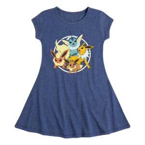 hybrid apparel - pokémon - eevee group - youth girls fit & flare dress - size small heather navy