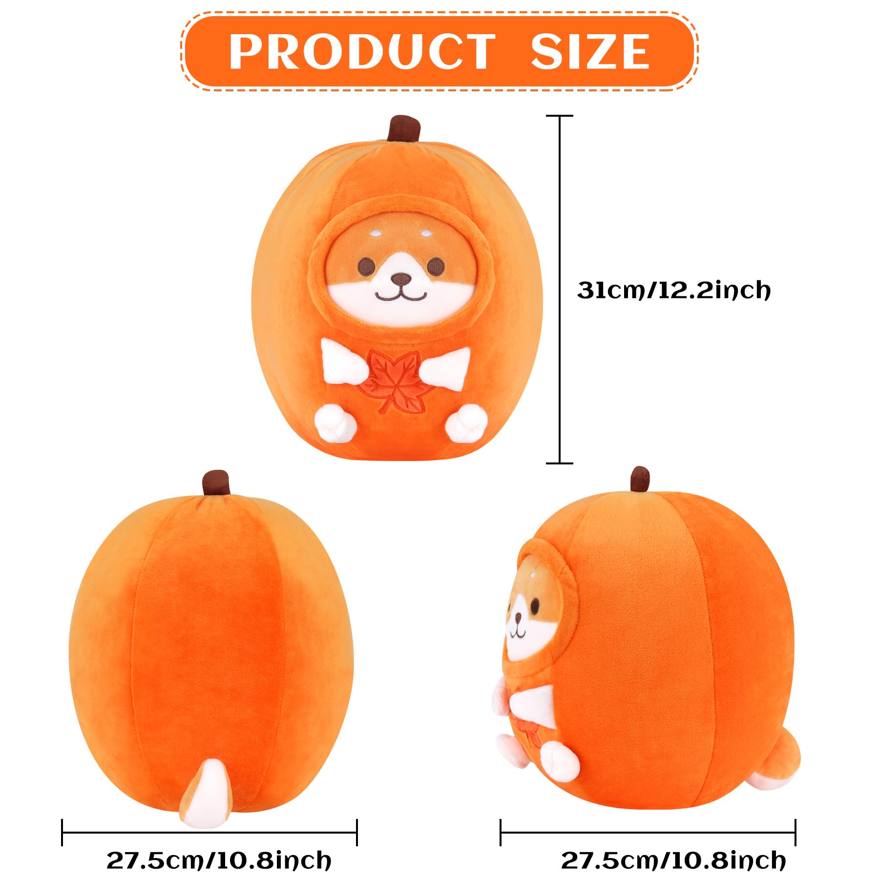 Fortuning's JDS Shiba Inu Pumpkin Plush, 12" Pumpkin Corgi Dog Stuffed Animal Plushies with Autumn Leaf Decor, Kawaii Birthday Gift for Boys Girls Kids Plush Toy Pillow