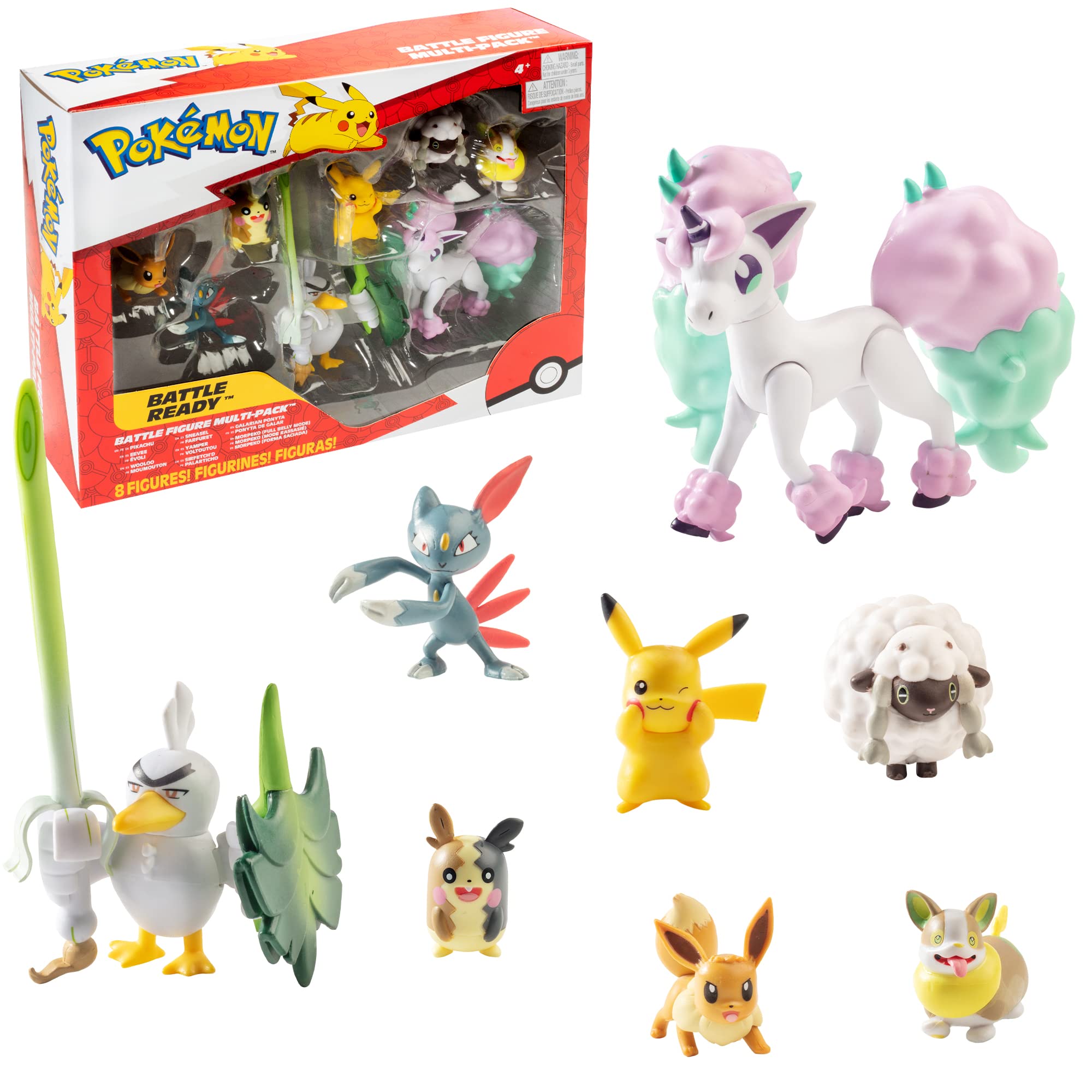 Pokémon Figure Battle Ready! 8-Pack Toy - Sword and Shield - includes 4.5" Ponyta & 2" Pikachu, Eevee, Wooloo, Sneasel, Yamper, Sirfetch'd & Morpeko - Gift for Kids, Boys & Girls - Ages 4+