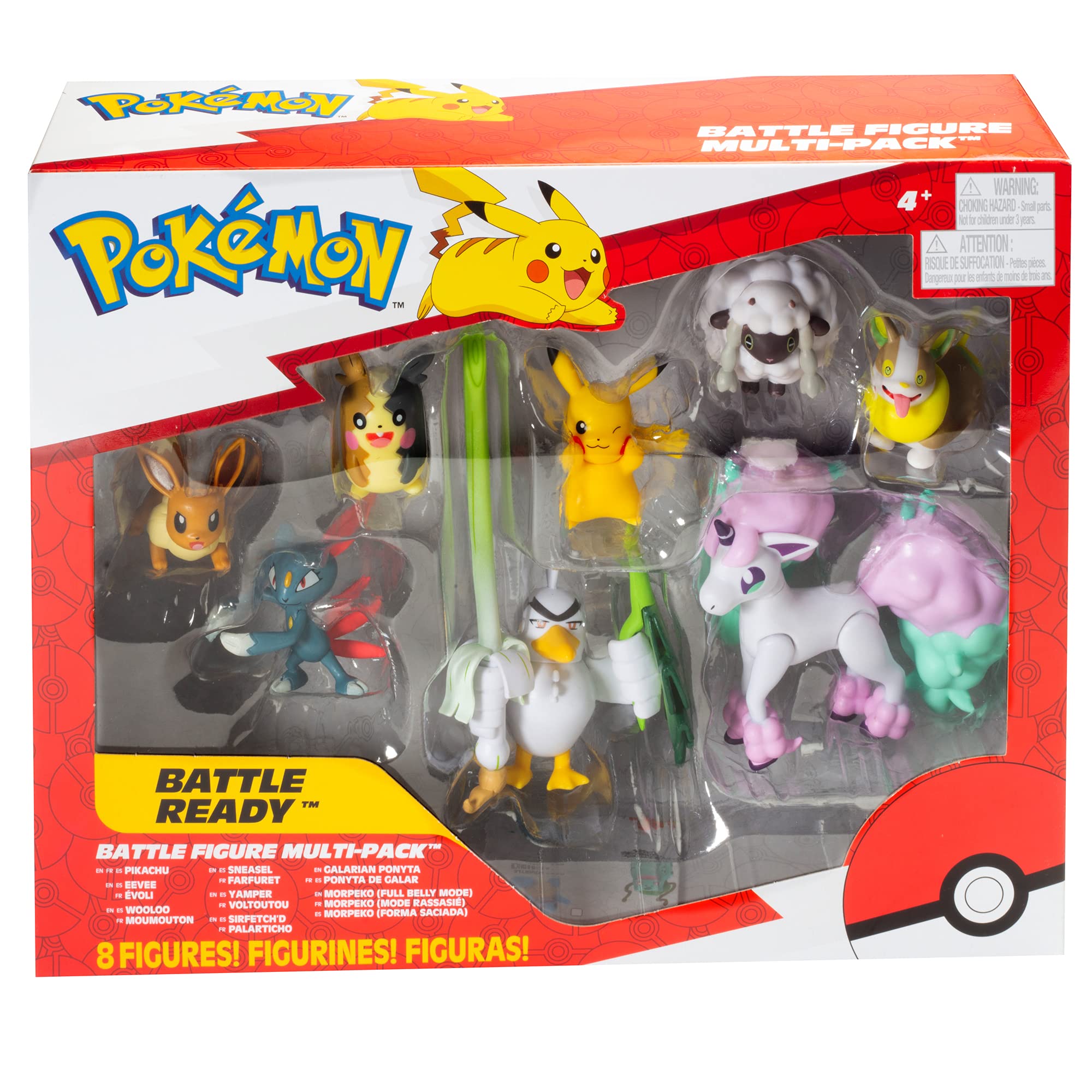 Pokémon Figure Battle Ready! 8-Pack Toy - Sword and Shield - includes 4.5" Ponyta & 2" Pikachu, Eevee, Wooloo, Sneasel, Yamper, Sirfetch'd & Morpeko - Gift for Kids, Boys & Girls - Ages 4+