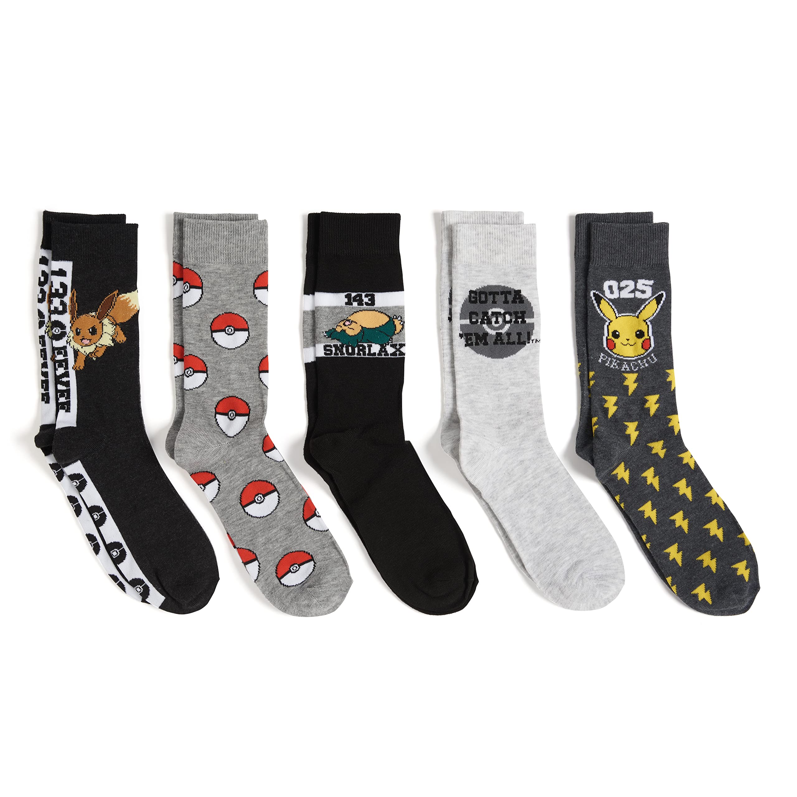 Pokemon Mens 5 Pack Crew Casual Sock, Assorted Grey, 10-13 US