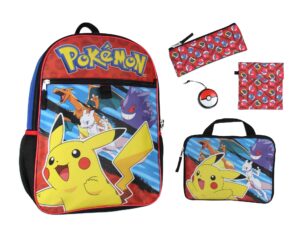 pokemon 5 pc backpack set with padded card carrier, pencil case, insulated snack bag, and pokeball stress toy