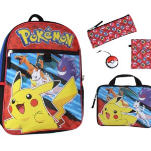 Pokemon 5 PC Backpack Set With Padded Card Carrier, Pencil Case, Insulated Snack Bag, and Pokeball Stress Toy