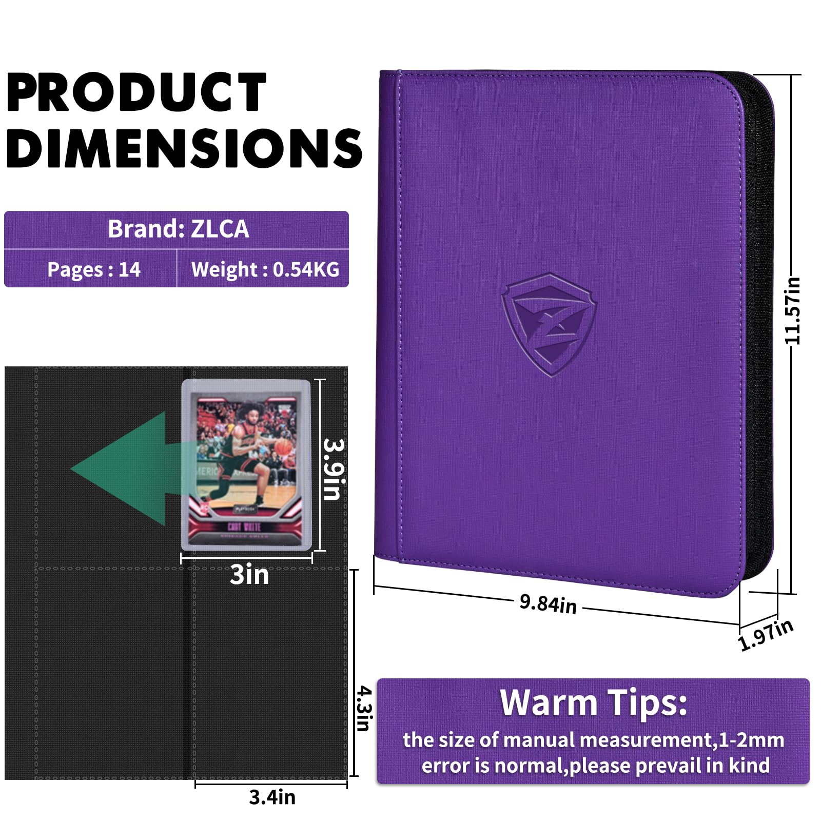 ZLCA Toploader Card Binder, 4-Pocket Trading Card Album Holder fits for 3 x 4'' Top Loader, Ringless Double-Sided Card Display Storage Carrying Case Compatible with PTCG MTG Sports Cards (Purple)