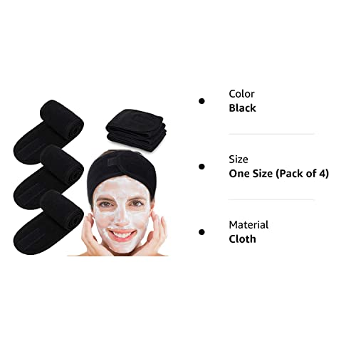 4 Counts Spa Facial Headband Whaline Head Wrap Terry Cloth Headband Stretch Towel with Magic Tape for Bath, Makeup and Sport, 3.5" Wide (Black)