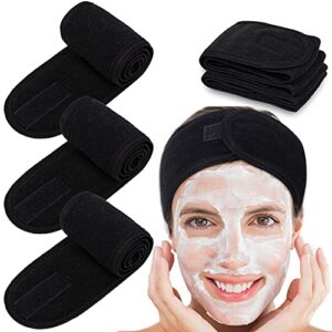 4 Counts Spa Facial Headband Whaline Head Wrap Terry Cloth Headband Stretch Towel with Magic Tape for Bath, Makeup and Sport, 3.5" Wide (Black)