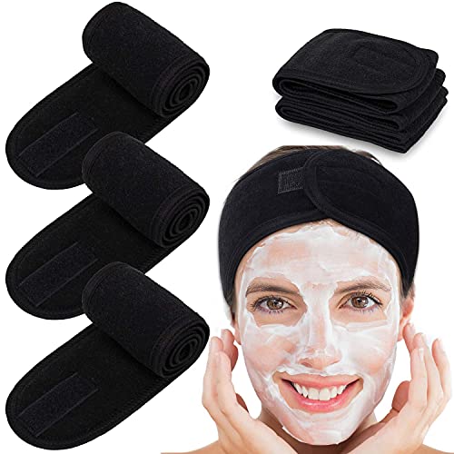 4 Counts Spa Facial Headband Whaline Head Wrap Terry Cloth Headband Stretch Towel with Magic Tape for Bath, Makeup and Sport, 3.5" Wide (Black)