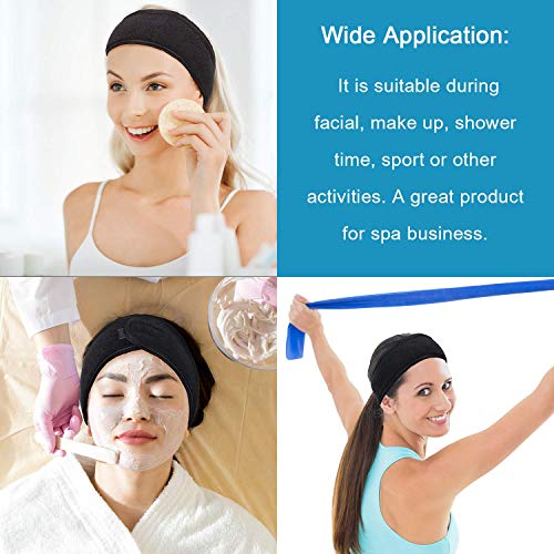 4 Counts Spa Facial Headband Whaline Head Wrap Terry Cloth Headband Stretch Towel with Magic Tape for Bath, Makeup and Sport, 3.5" Wide (Black)