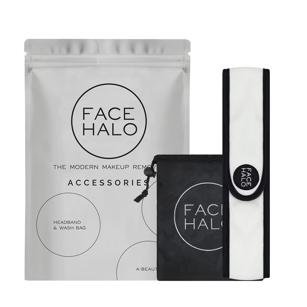 FACE HALO Reusable Makeup Headband & Wash Bag Accessories Pack - Premium Spa Accessories for Women