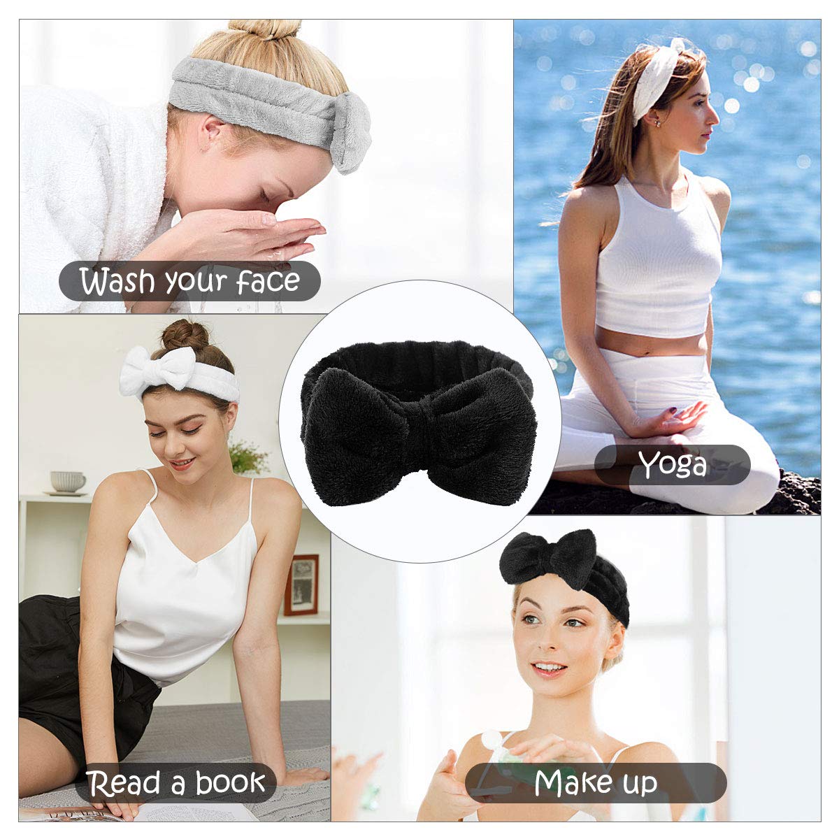 LADES Spa Headband - 3 Pack Bow Hair Band Women Facial Makeup Head Band Soft Coral Fleece Head Wraps For Shower Washing Face (Black+gray+white)