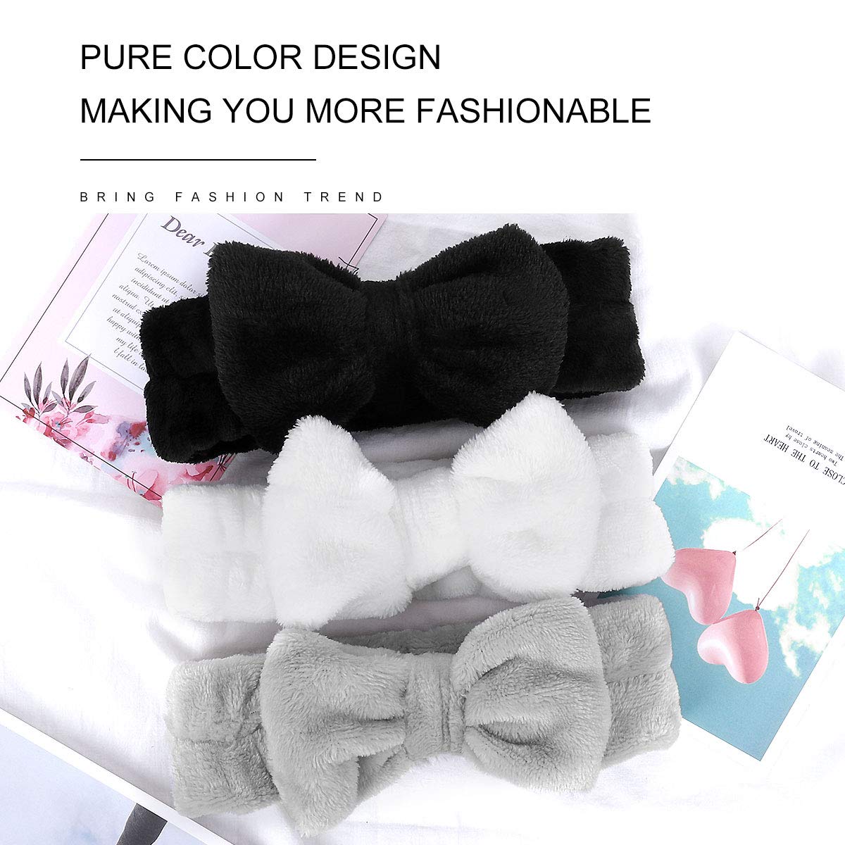 LADES Spa Headband - 3 Pack Bow Hair Band Women Facial Makeup Head Band Soft Coral Fleece Head Wraps For Shower Washing Face (Black+gray+white)