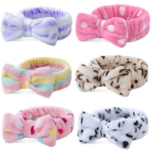 Teqifu 6 Pack Spa Headband,Bow Hair Band Women Facial Makeup Head Band Soft Coral Fleece Bowknot Head Wraps for Washing Face Shower, Bowtie Headbands Adjustable Elastic Hair Band for Girls and Women