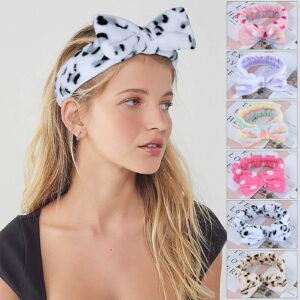 Teqifu 6 Pack Spa Headband,Bow Hair Band Women Facial Makeup Head Band Soft Coral Fleece Bowknot Head Wraps for Washing Face Shower, Bowtie Headbands Adjustable Elastic Hair Band for Girls and Women