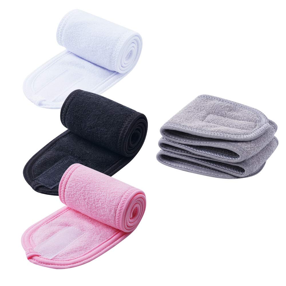 4 PCS Facial Spa Headbands(White, Black, Pink，Gray)， Makeup Shower Bath Wrap Sport Headband Terry Cloth Stretch Towel with Magic Tape