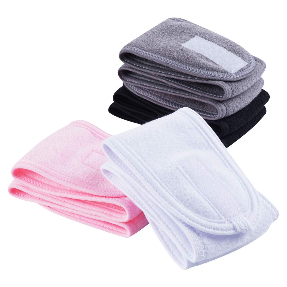 4 PCS Facial Spa Headbands(White, Black, Pink，Gray)， Makeup Shower Bath Wrap Sport Headband Terry Cloth Stretch Towel with Magic Tape