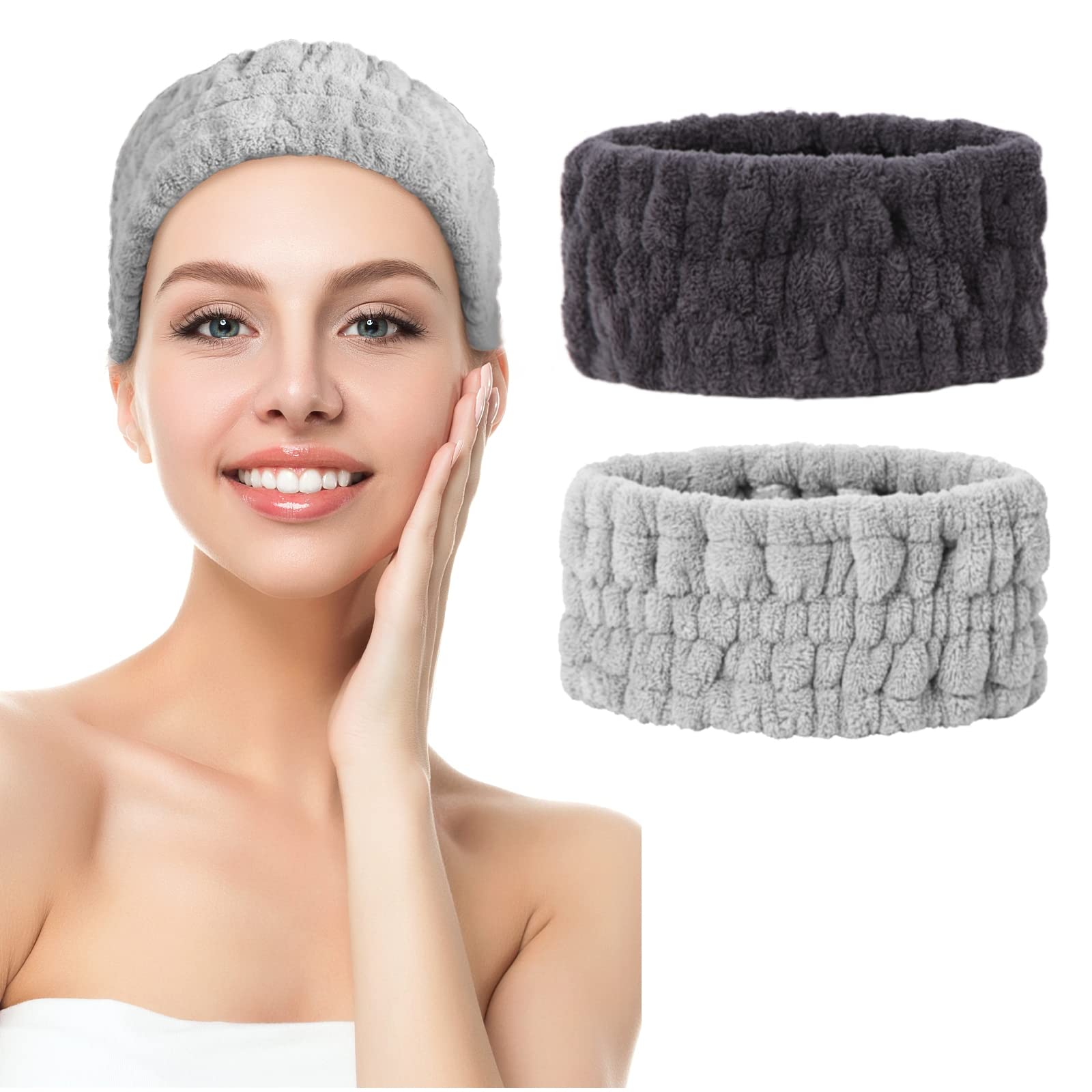 2 Pcs Spa Headband for Washing Face Wash Headband Makeup Headband For Washing Face Skincare Headbands for Women Hair Band for Washing Face Facial Headband and Spa Wrap Towel Spa Stuff (Black , Grey)