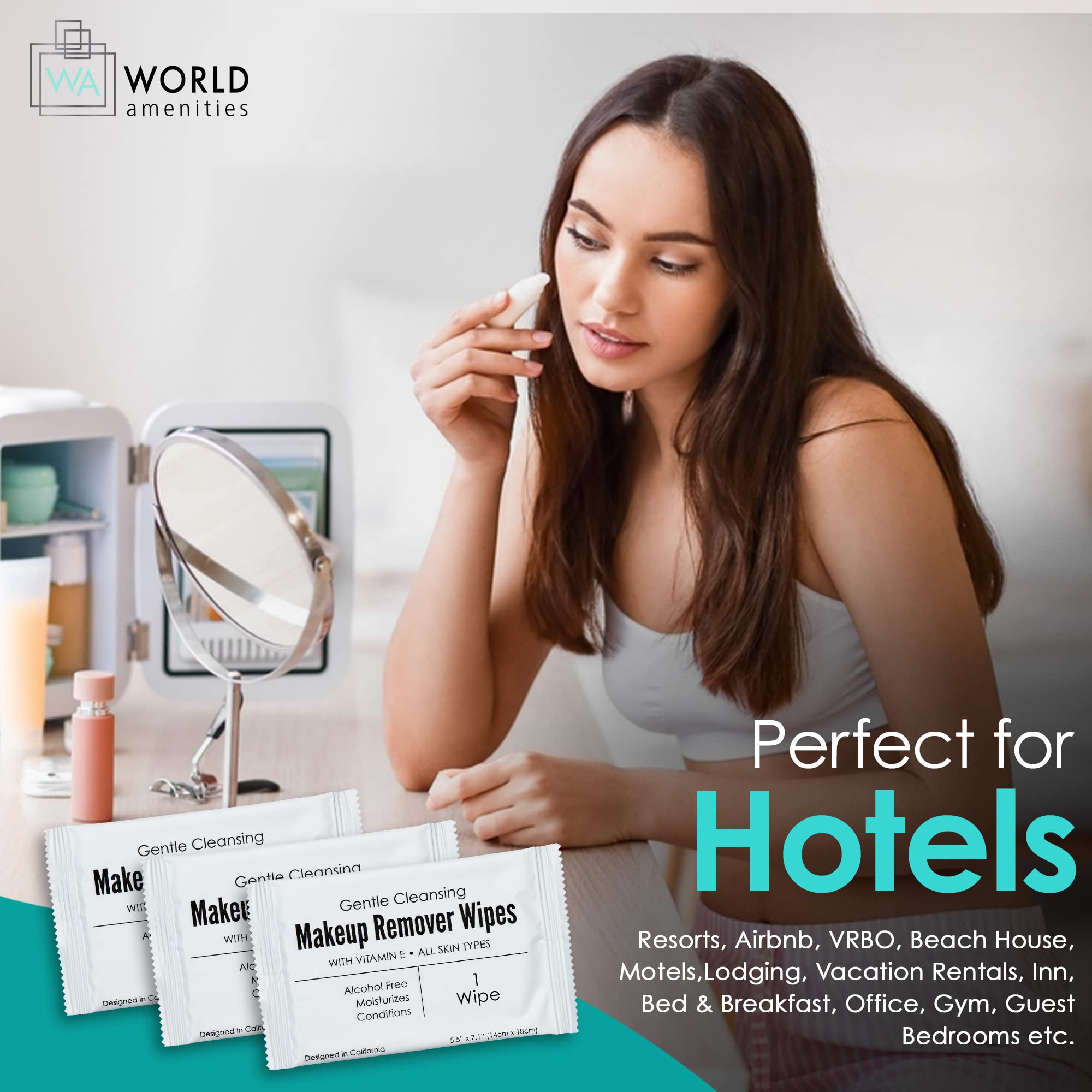 World Amenities - Bulk Makeup Remover Wipes | 50 Count | Individually Wrapped, Gentle Cleansing, Alcohol Free - All Skin Types - Vitamin E - 100% Recyclable, Hotel Travel Size Toiletries