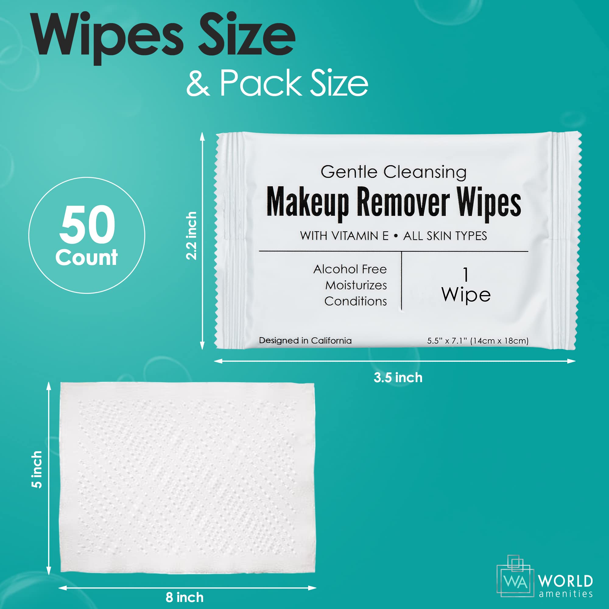 World Amenities - Bulk Makeup Remover Wipes | 50 Count | Individually Wrapped, Gentle Cleansing, Alcohol Free - All Skin Types - Vitamin E - 100% Recyclable, Hotel Travel Size Toiletries