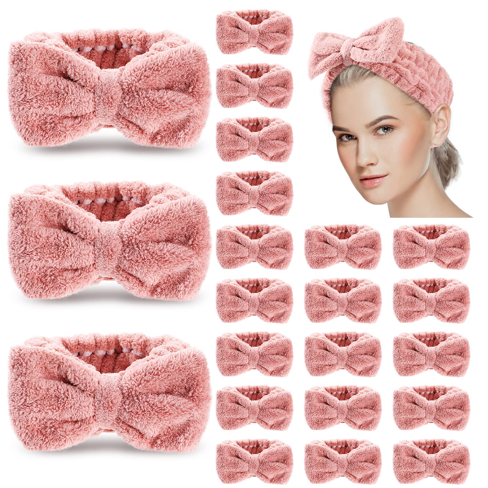 Yunlly 20 Pcs Spa Headband for Women 4 Inches Width Facial Makeup Hair Band Bulk Skincare Headbands for Washing Face Bowtie Headband Slumber Party Supplies Fluffy Head Wraps(Rose Pink)