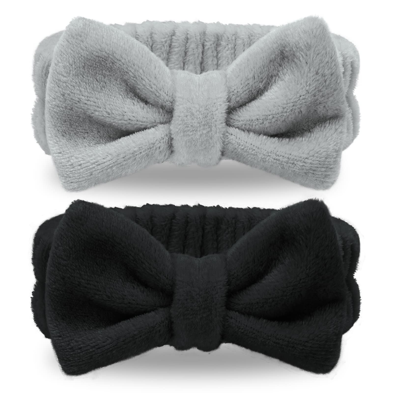 Spa Headband - 2 Pack Bow Hairband for Face Wash SPA Headband with Bow Knotted Hairband for SPA Yoga Sports Soft Coral Women Girl Fleece Headbands (Black+Grey)