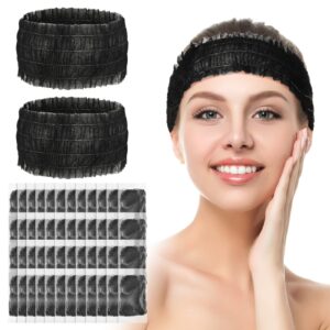 100 pieces disposable headbands soft non woven facial spa headbands cloth stretch skin care hair band salon makeup sauna supplies individually packaged for women girls, black