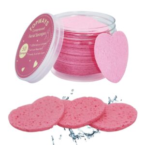 50-count compressed facial sponges heart shape，reusable natural face sponges professional cosmetic spa sponges for face cleansing, massage, pore exfoliating, mask, makeup removal (heart, pink)