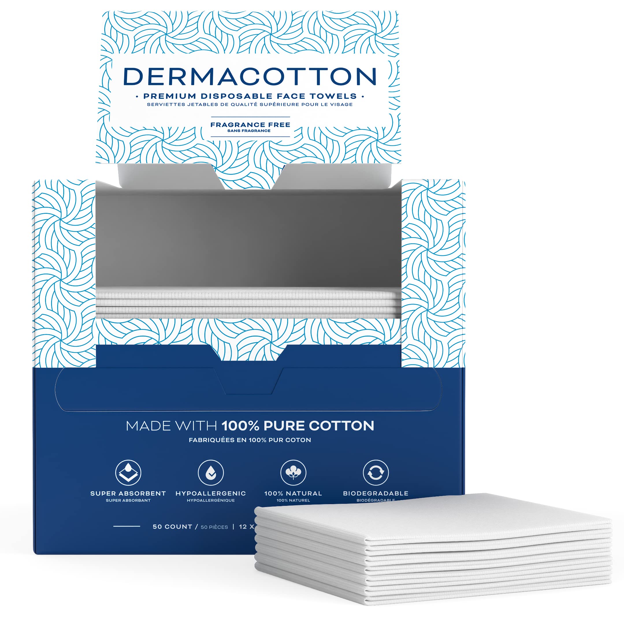 Dermacotton Disposable Cotton Face Towels – Super Soft Face Wipes, Hypoallergenic Makeup Remover Wipes, Suitable for All Skin Types Including Sensitive Skin – Biodegradable Facial Cloths (50 Pack)