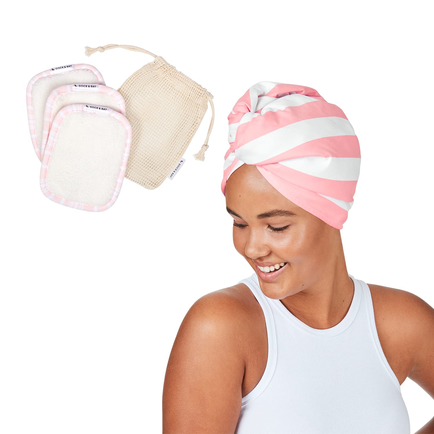 Dock & Bay Beauty Bundle - Hair Wrap & Reusable Make-Up Pads - Super Absorbent, Quick Dry Towel - Ultra Soft, Washable Facecloth with Wash Bag - for The Ultimate Beauty Routine - Peppermint Pink