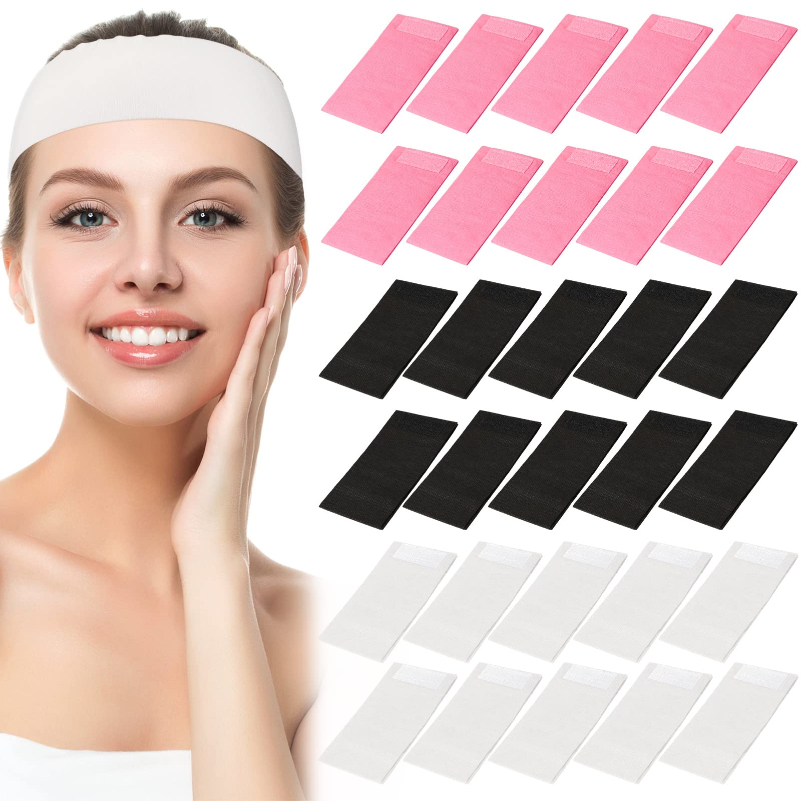 120 Pieces Disposable Headbands for Facials Spa Headbands with Convenient Closure Stretch Non Woven Skin Care Hair Band Soft for Women Girls Salons Face Washing, Shower, Pink, Black, White