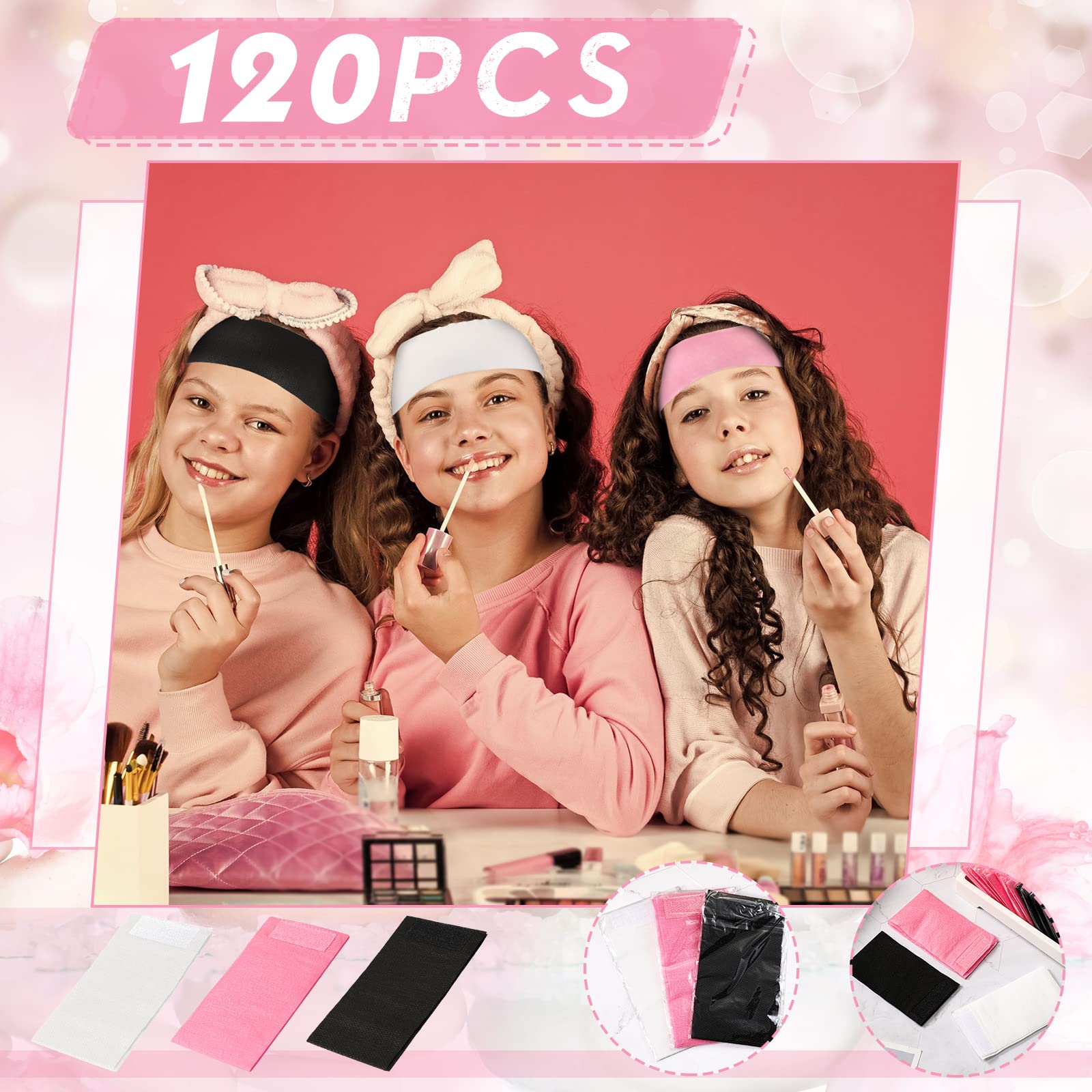 120 Pieces Disposable Headbands for Facials Spa Headbands with Convenient Closure Stretch Non Woven Skin Care Hair Band Soft for Women Girls Salons Face Washing, Shower, Pink, Black, White