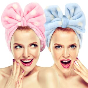 hairizone cute makeup headbands for face wash shower spa elastic head band with soft big bow hair band for women wrap (pink/blue)