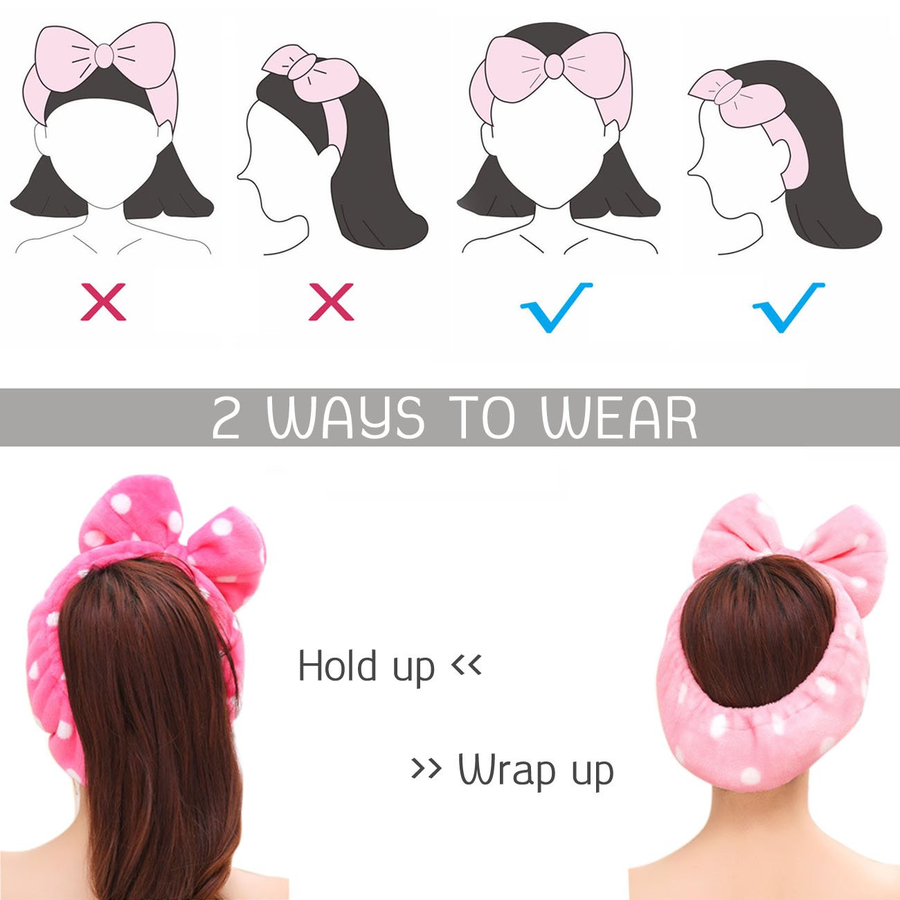 Hairizone Cute Makeup Headbands for Face Wash Shower Spa Elastic Head Band with Soft Big Bow Hair Band for Women Wrap (Pink/Blue)