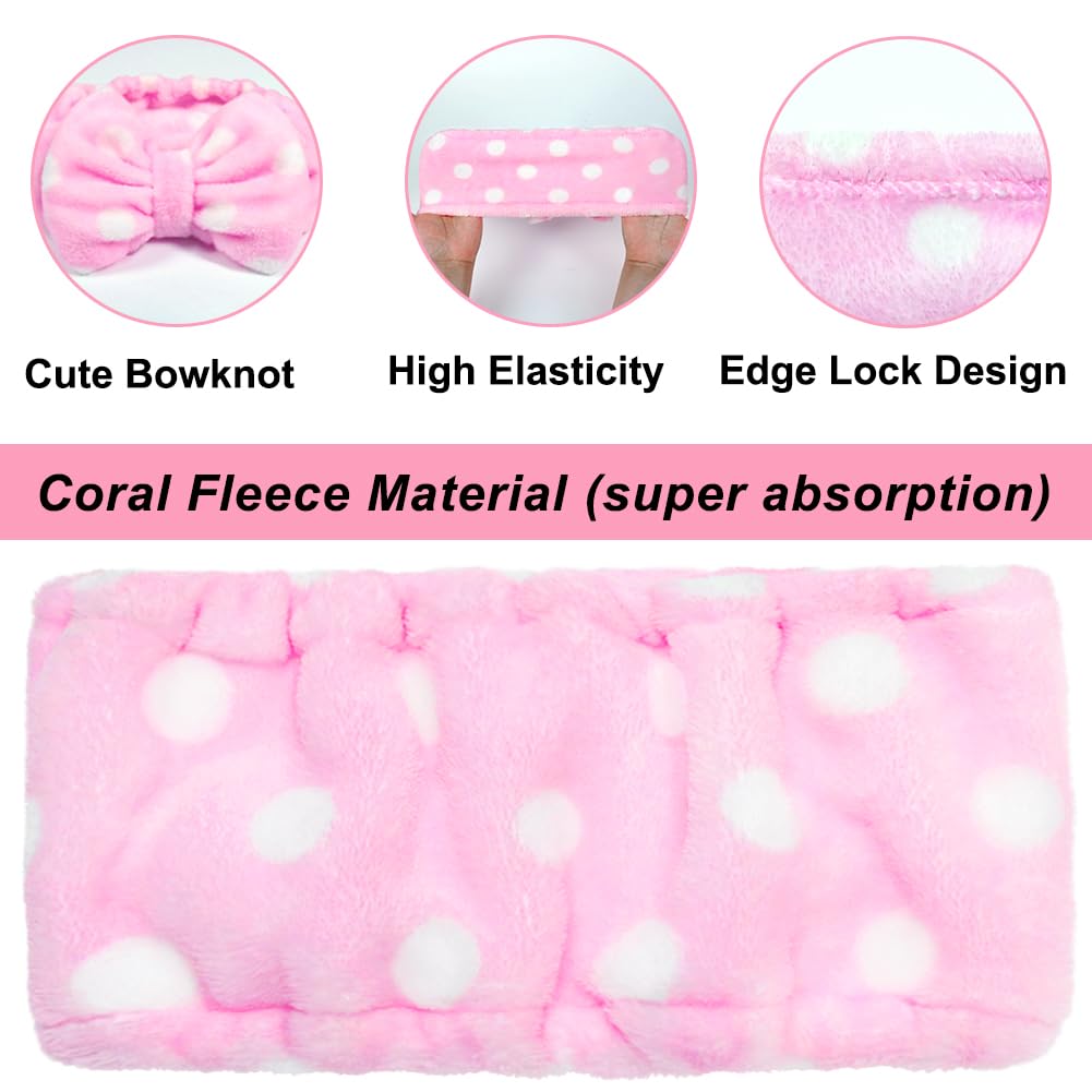 Shintop Women Fashion Lovely Soft Carol Fleece Bowknot Bow Makeup Cosmetic Shower Elastic Hair Band Hairlace Headband (pink polka dots)