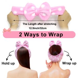 Shintop Women Fashion Lovely Soft Carol Fleece Bowknot Bow Makeup Cosmetic Shower Elastic Hair Band Hairlace Headband (pink polka dots)