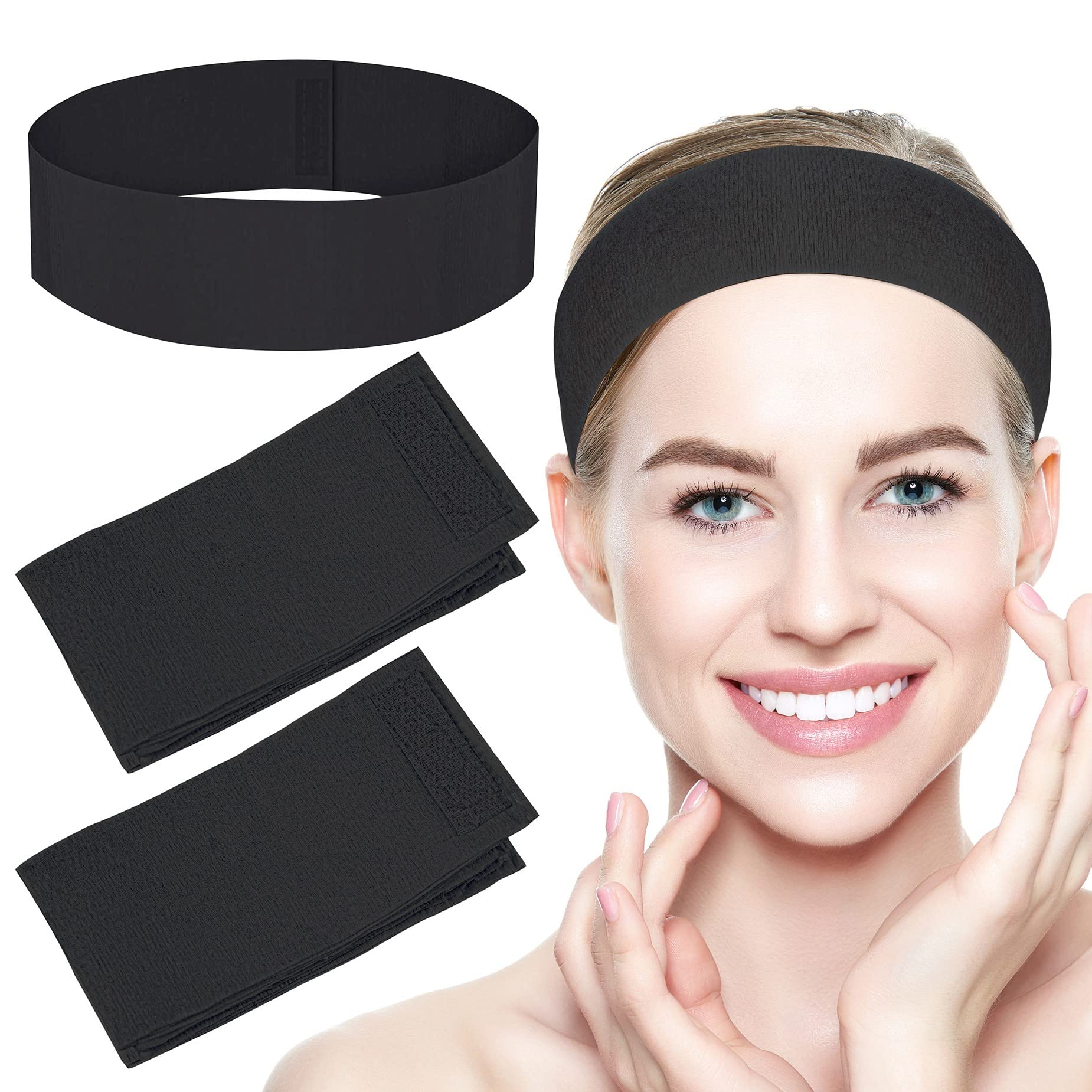 Framendino, 100 Pack Black Disposable SPA Headband Non-Woven Facial Headbands Stretch Soft Skin Care Hair Band with Convenient Closure for Women Girls