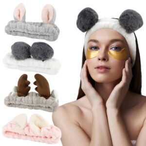 ahoney animals ears headbands, cute makeup spa fuzzy skincare headband for washing face headband for women girls coral fleece elastic hair band cosplay makeup party, 4pcs