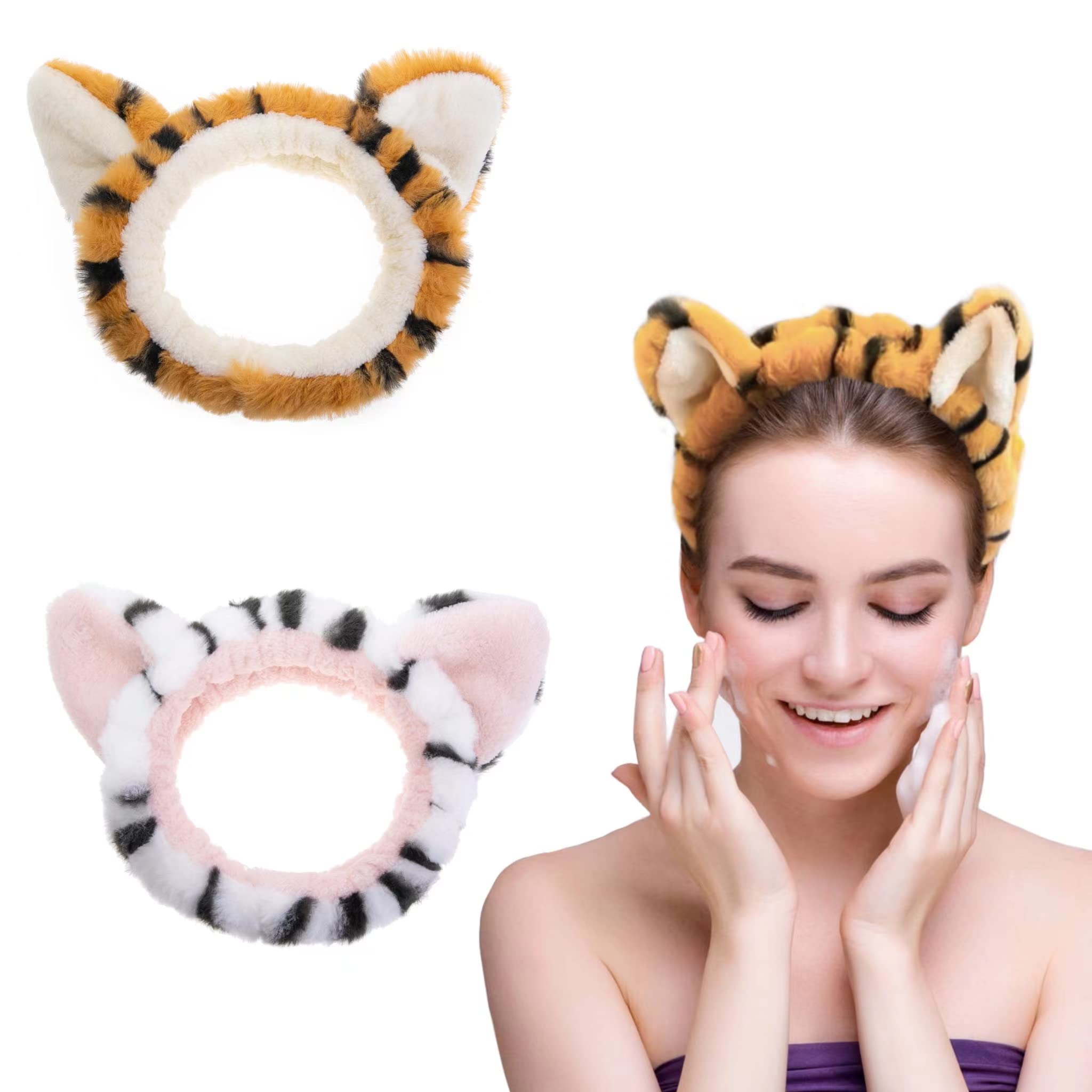 OSOPLAY 2 PCS Women Animal Ear Tiger Print Fuzzy Hairband Makeup Headband Elastic Stretch Head Wrap for Skincare Spa