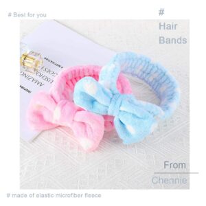 Chennie Bowknot Spa Headbands Dot Elastic Makeup Blue Hair Bands Washing Face Head Wraps For Women And Girls (Pack Of 2) (Blue&Pink)