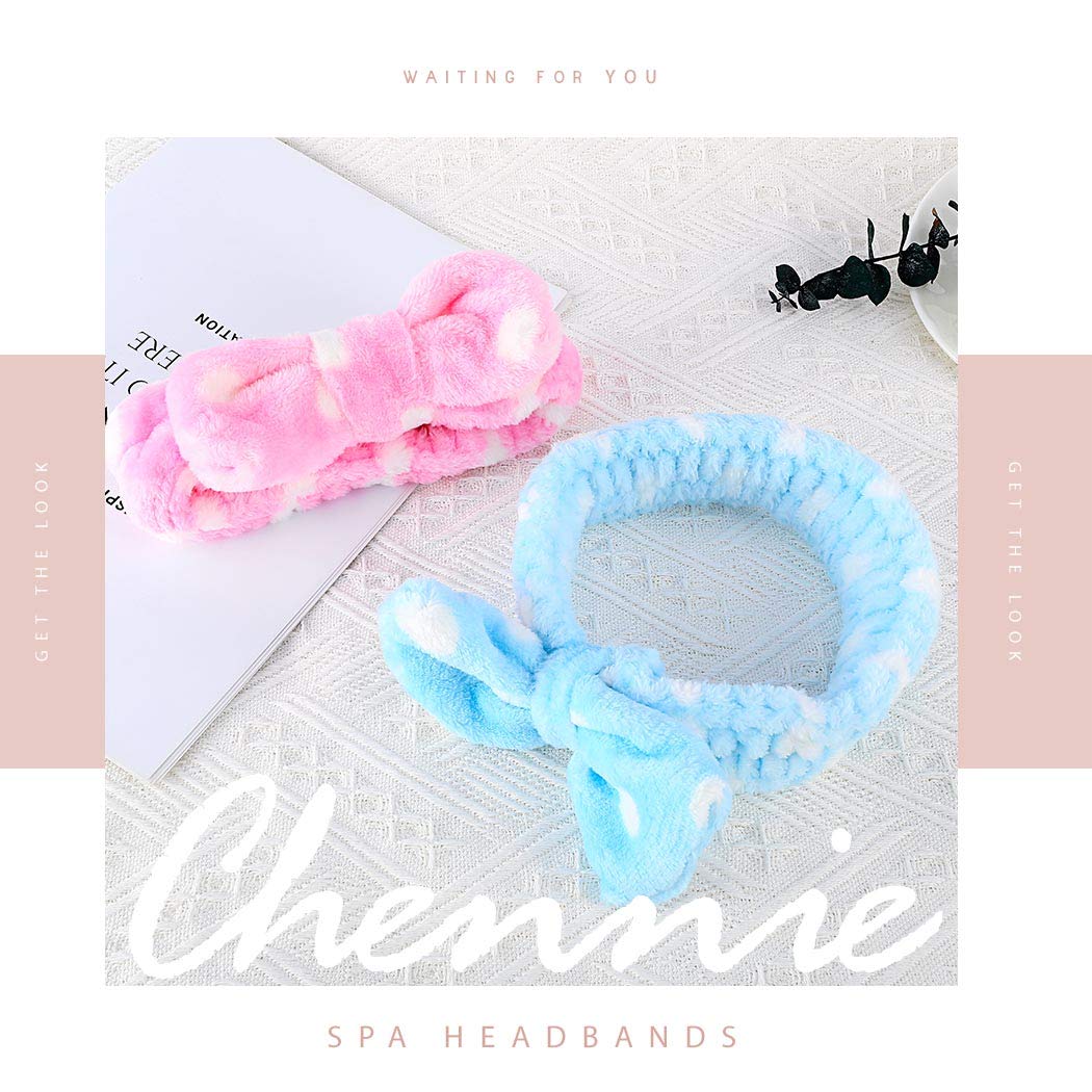 Chennie Bowknot Spa Headbands Dot Elastic Makeup Blue Hair Bands Washing Face Head Wraps For Women And Girls (Pack Of 2) (Blue&Pink)