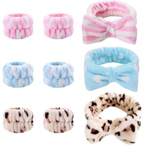 Malaxlx 9 Pcs Spa Headband Wrist Washband Set, Face Wash Headband Facial Makeup Headband Bow Hair Band, Soft Coral Fleece Elastic Head Wraps Absorbent Wristbands for Women Girls