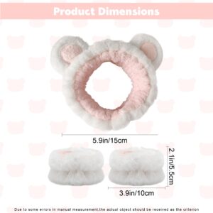 Headbands for Women Makeup Headband Spa Headband for Washing Face and Matching Wristbands Skincare Headbands Hair Band Women Facial Makeup Head Band Soft Fuzzy Head Wraps for Girls (White-Bear Ears)